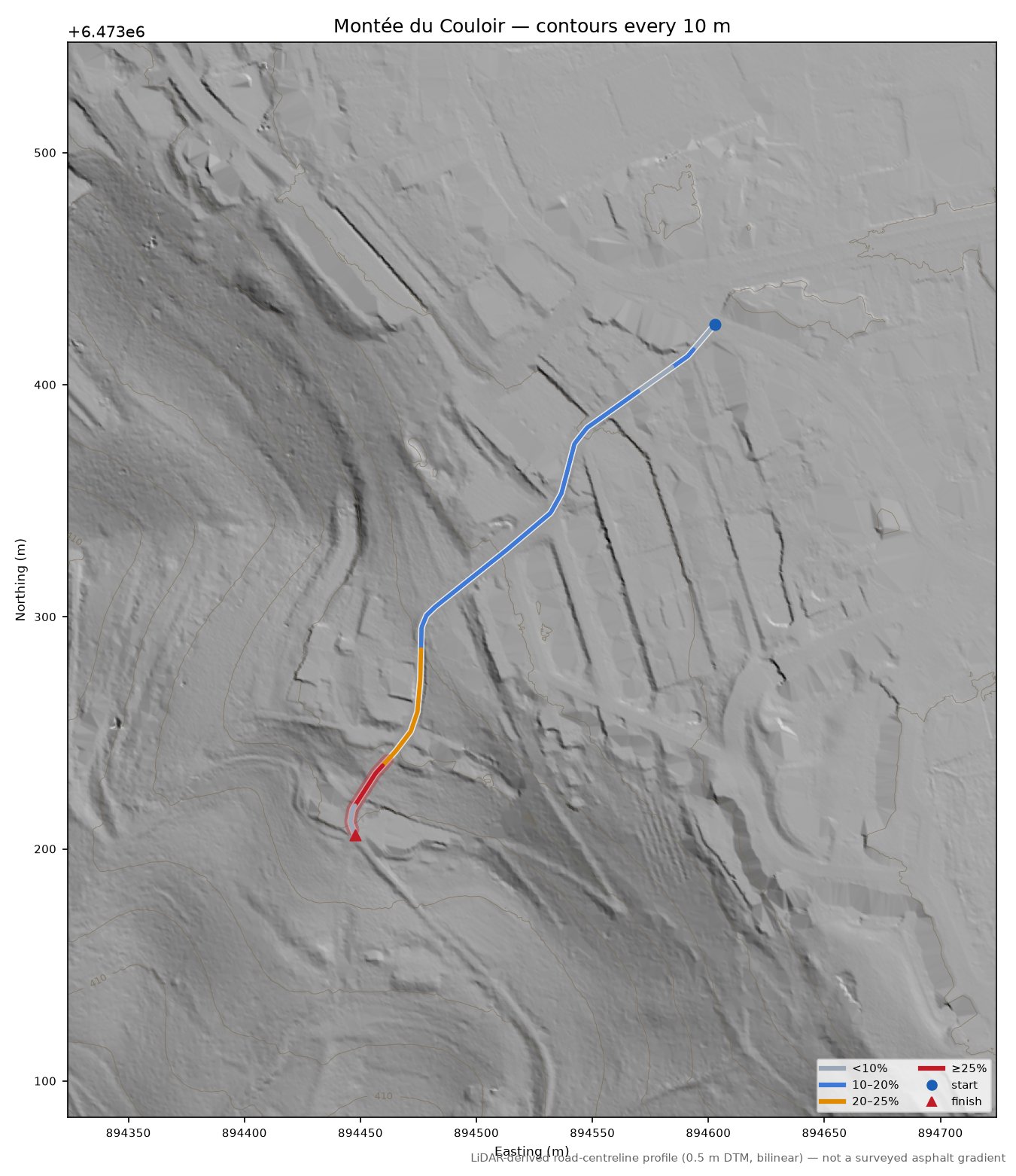 Montée du Couloir LiDAR hillshade map with contours