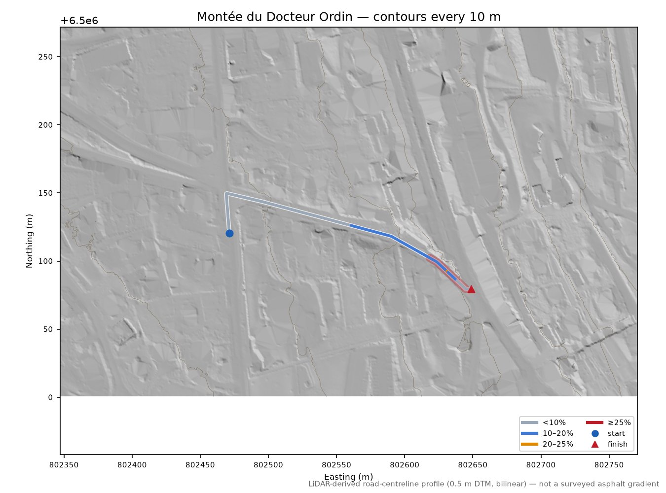 Montée du Docteur Ordin LiDAR hillshade map with contours