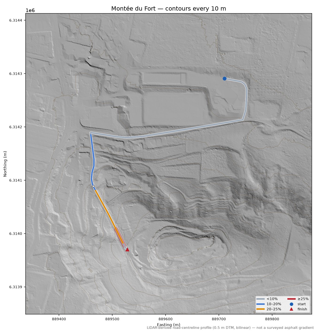 Montée du Fort LiDAR hillshade map with contours