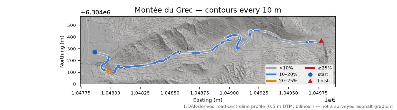 Montée du Grec LiDAR hillshade map with contours