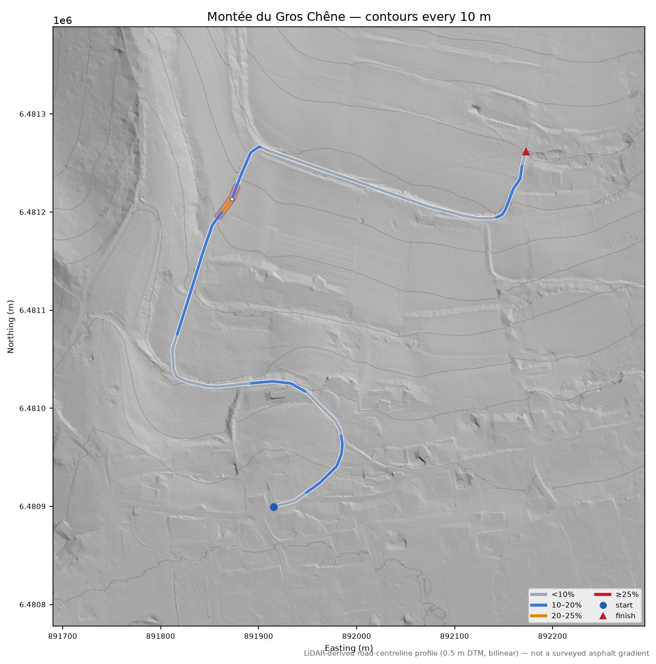 Montée du Gros Chêne LiDAR hillshade map with contours
