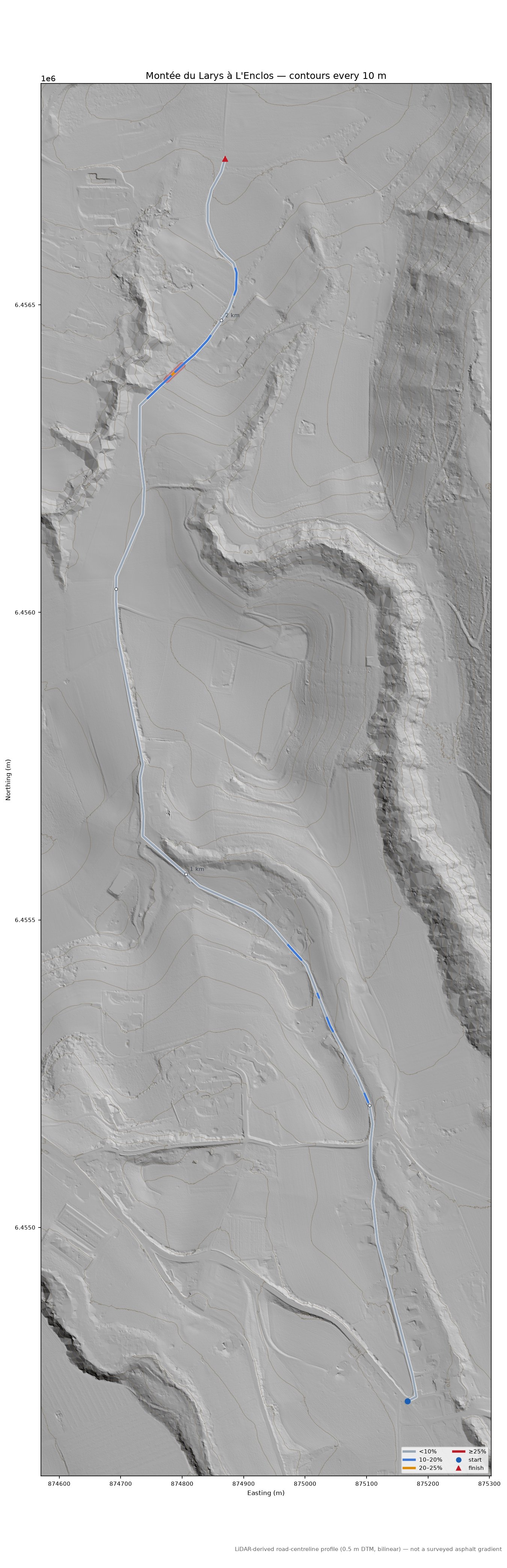 Montée du Larys à L'Enclos LiDAR hillshade map with contours