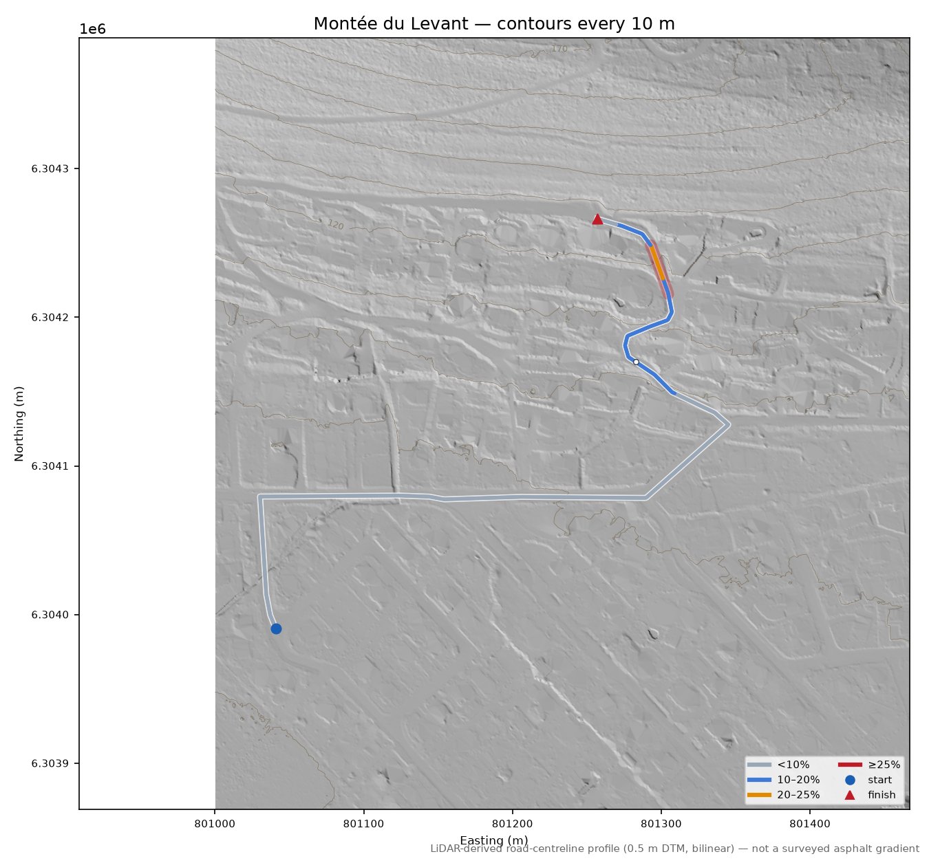 Montée du Levant LiDAR hillshade map with contours