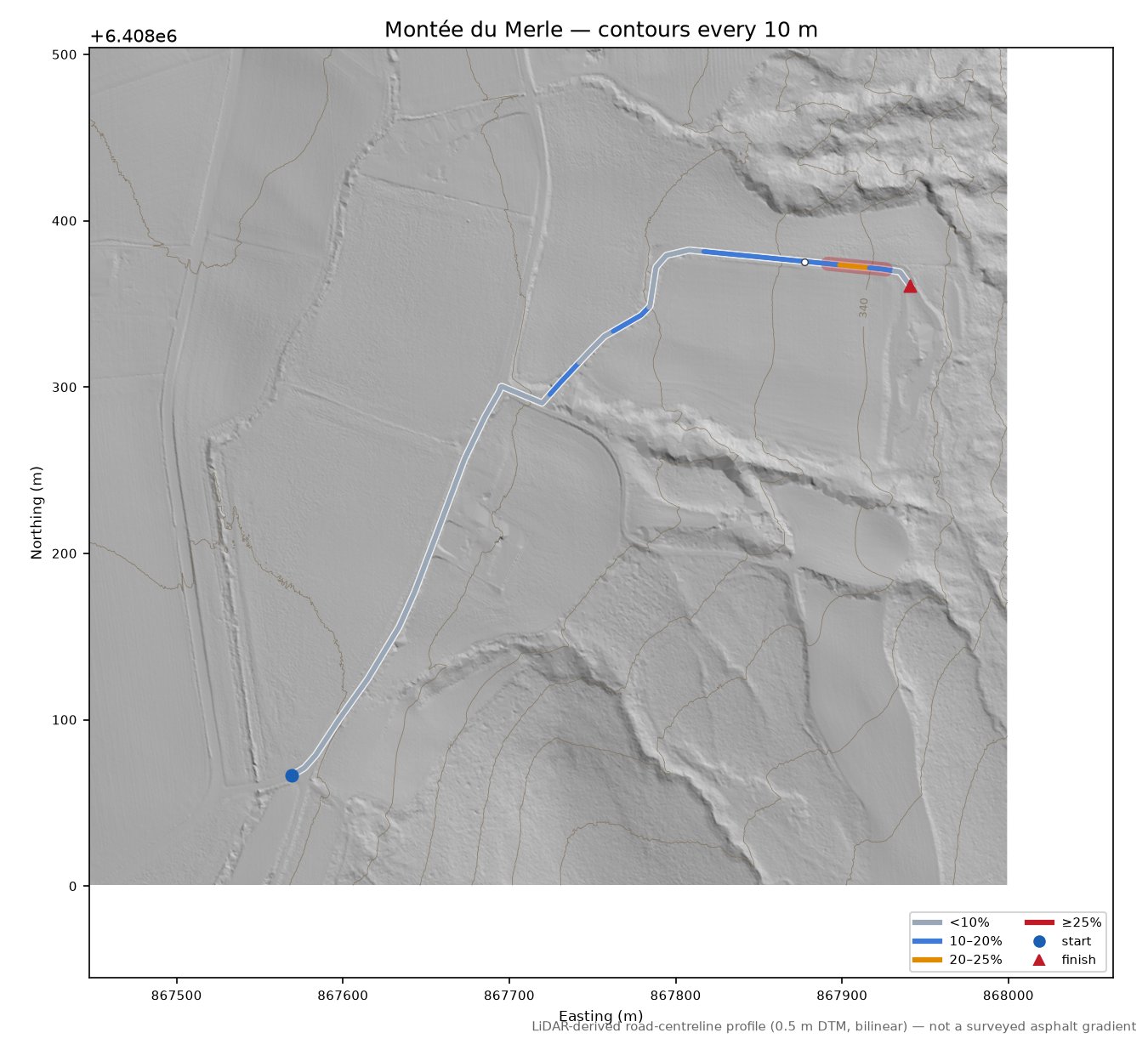 Montée du Merle LiDAR hillshade map with contours