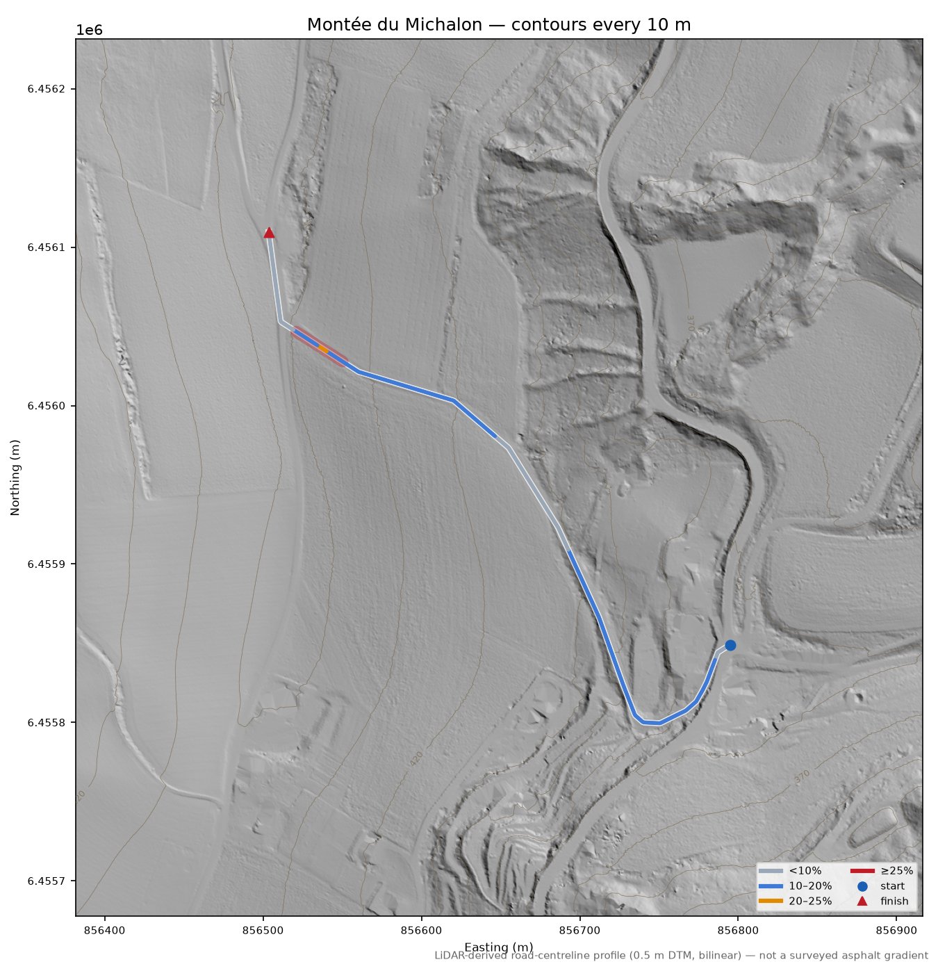 Montée du Michalon LiDAR hillshade map with contours
