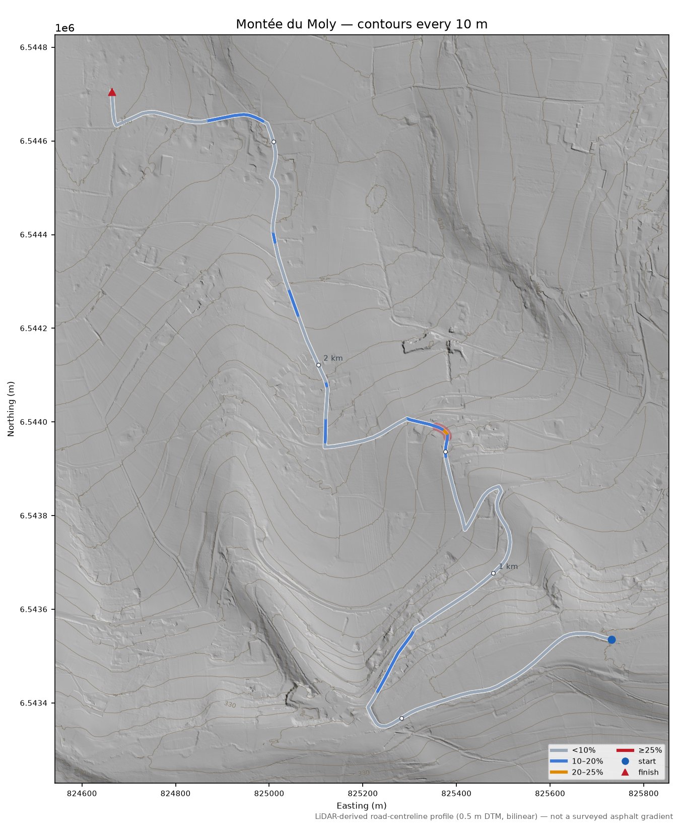 Montée du Moly LiDAR hillshade map with contours