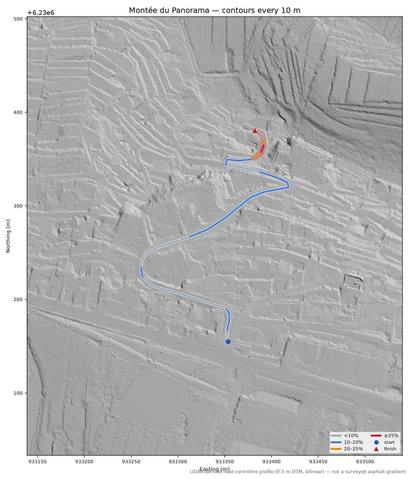 Montée du Panorama LiDAR hillshade map with contours