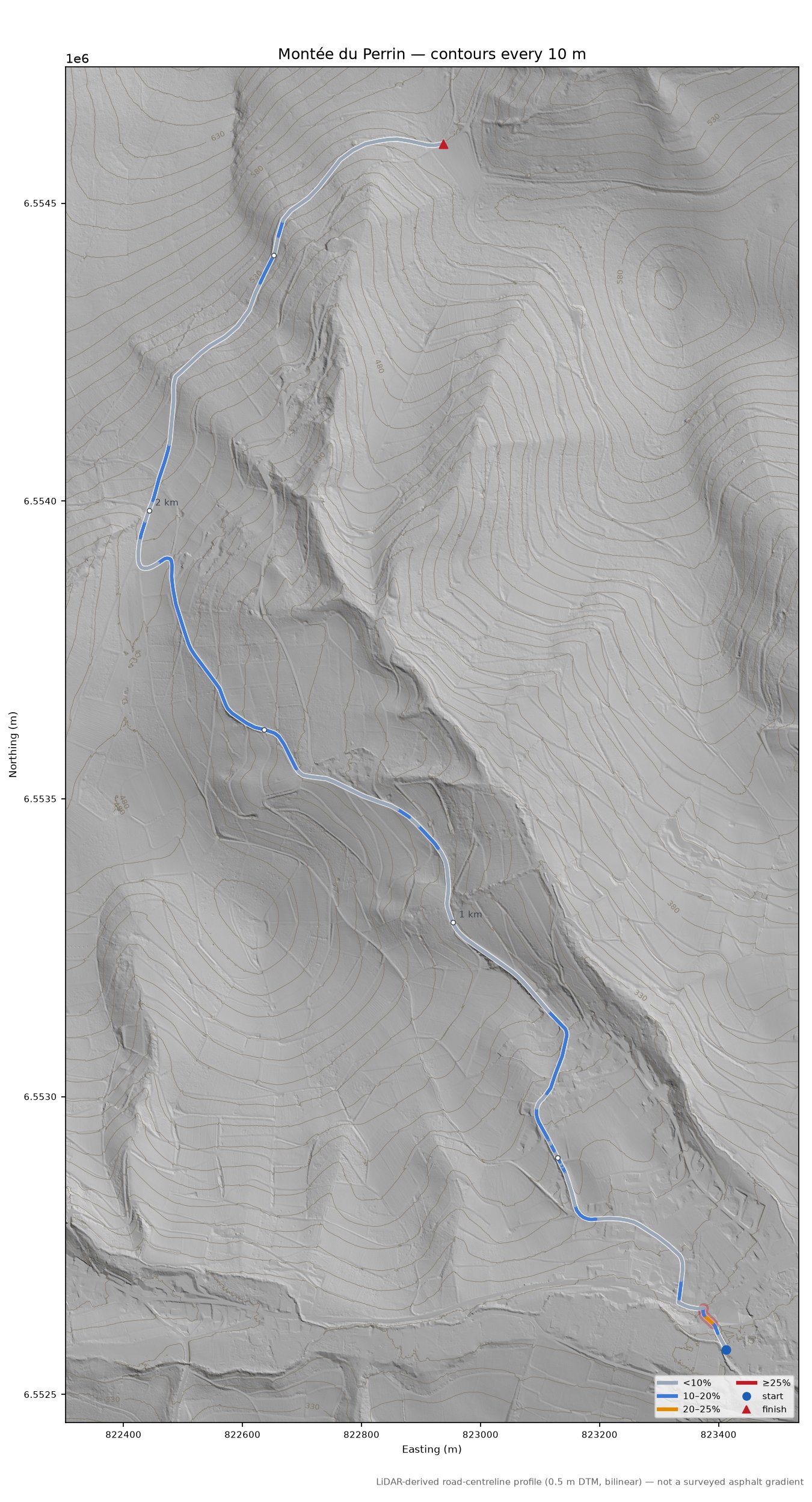 Montée du Perrin LiDAR hillshade map with contours