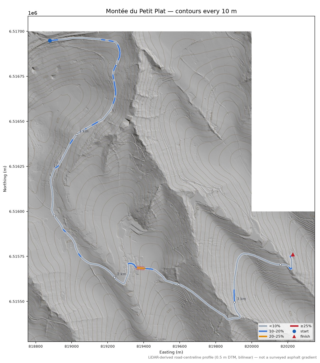 Montée du Petit Plat LiDAR hillshade map with contours
