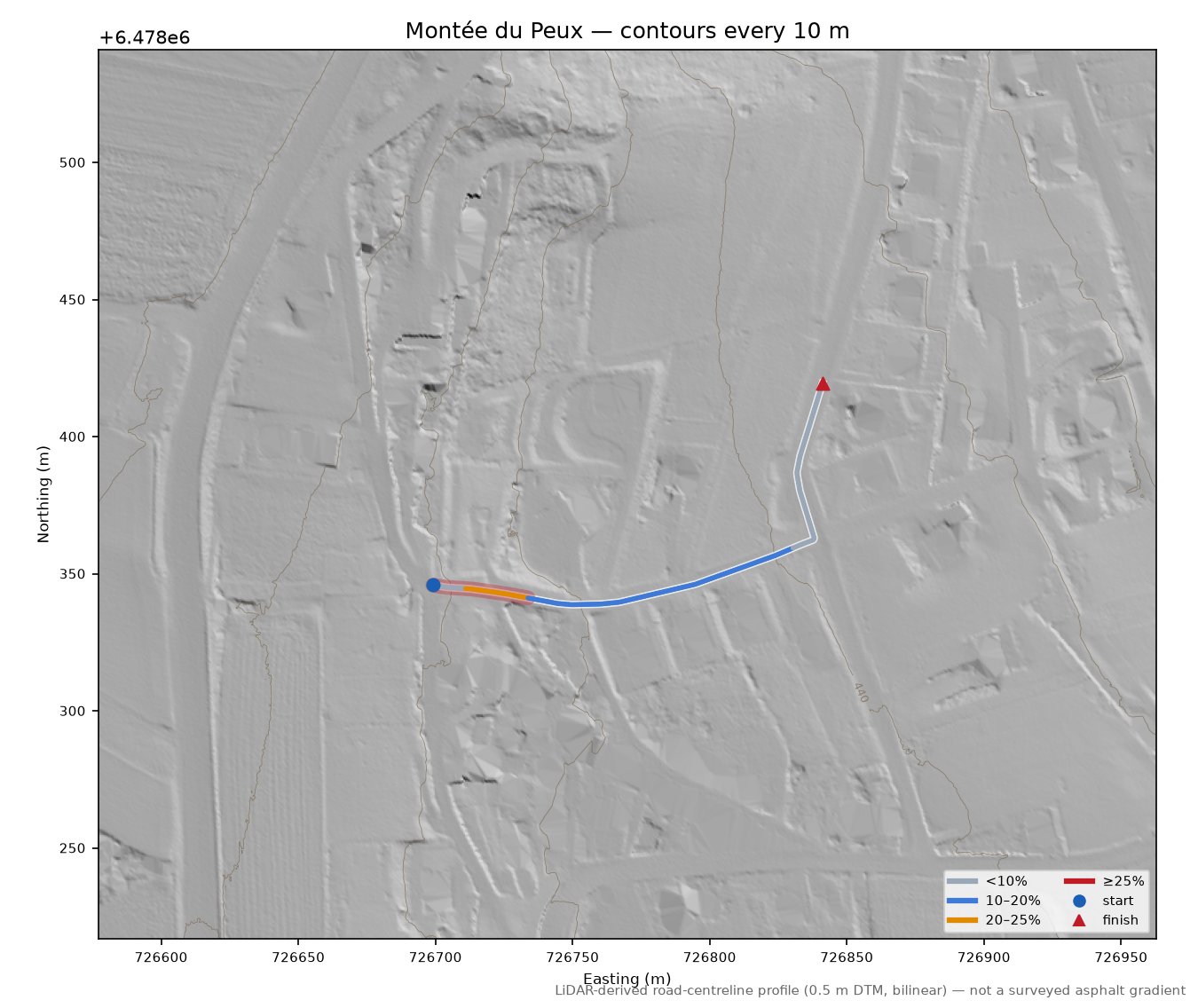 Montée du Peux LiDAR hillshade map with contours