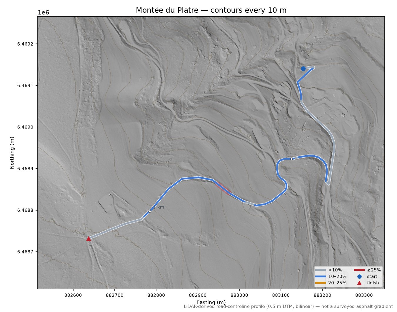 Montée du Platre LiDAR hillshade map with contours