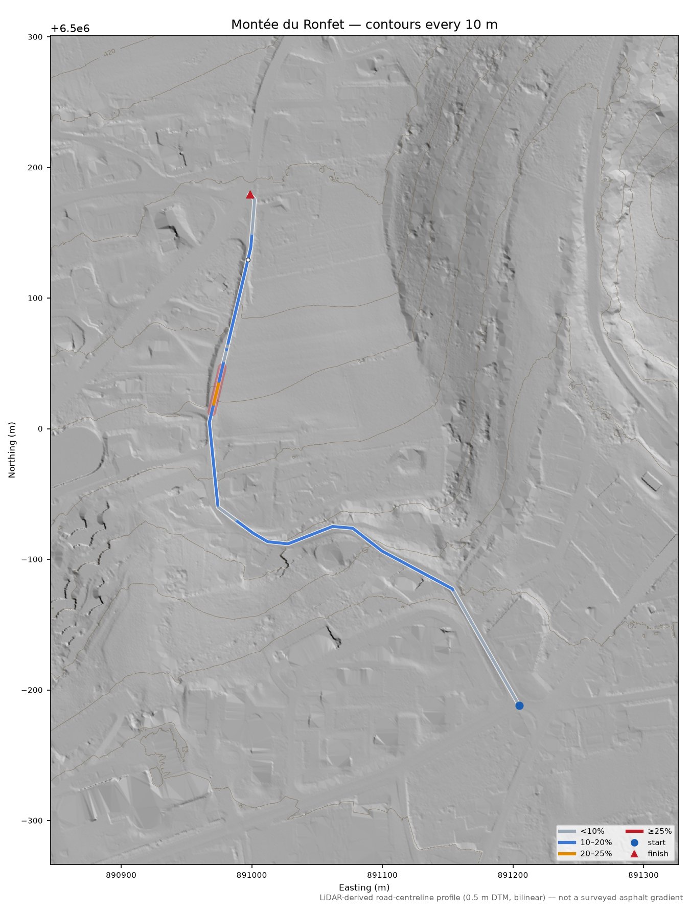 Montée du Ronfet LiDAR hillshade map with contours