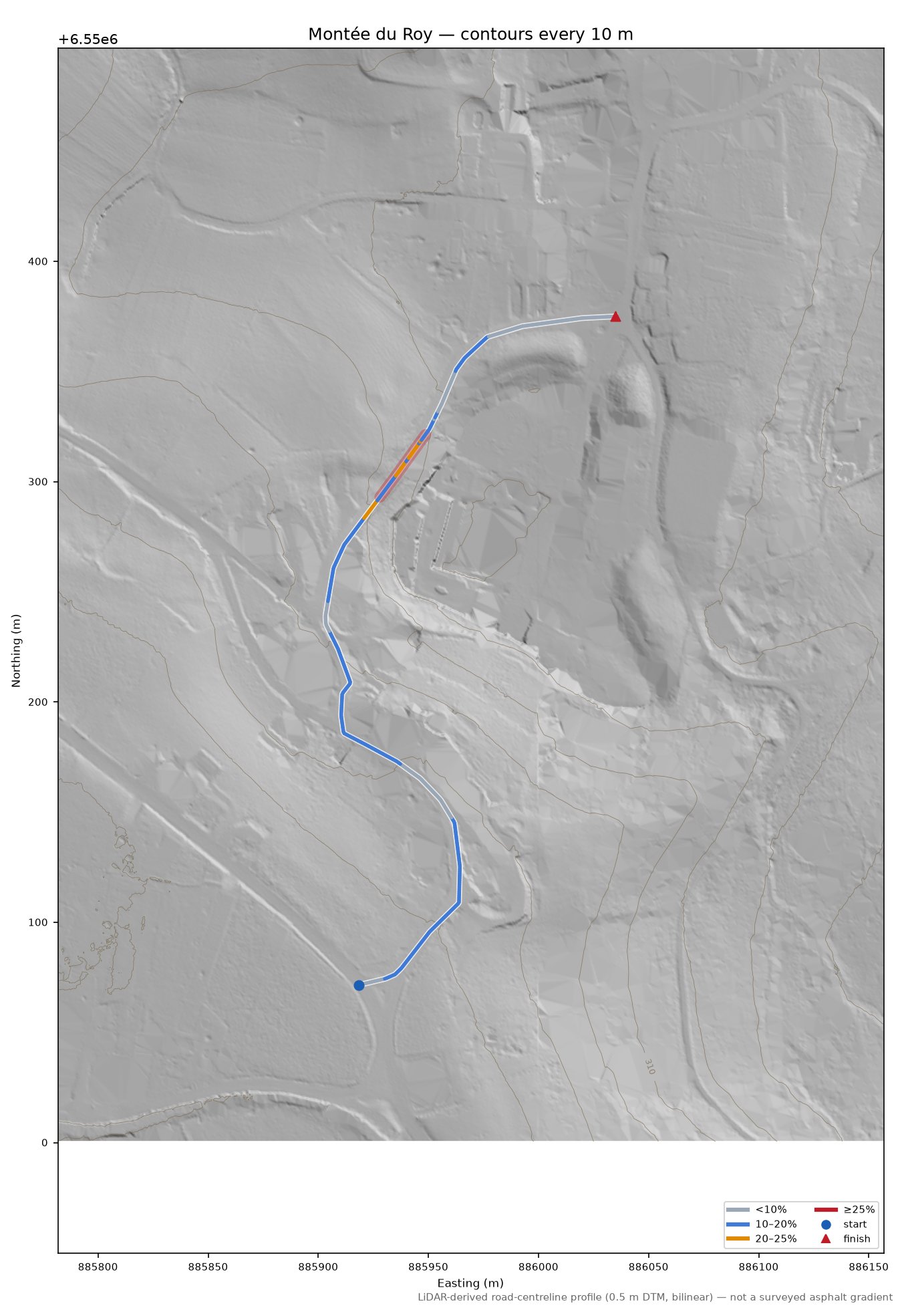 Montée du Roy LiDAR hillshade map with contours