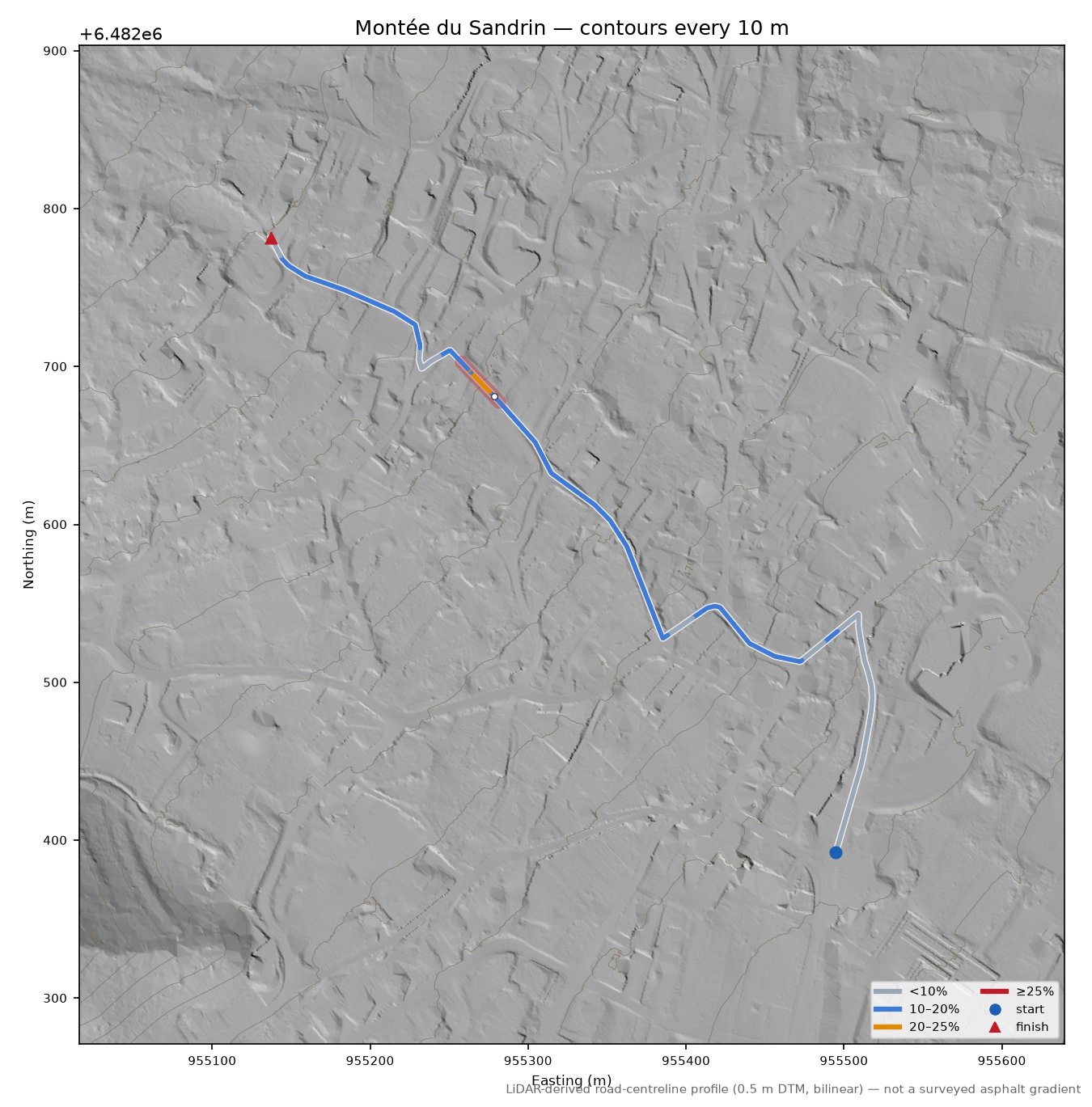 Montée du Sandrin LiDAR hillshade map with contours