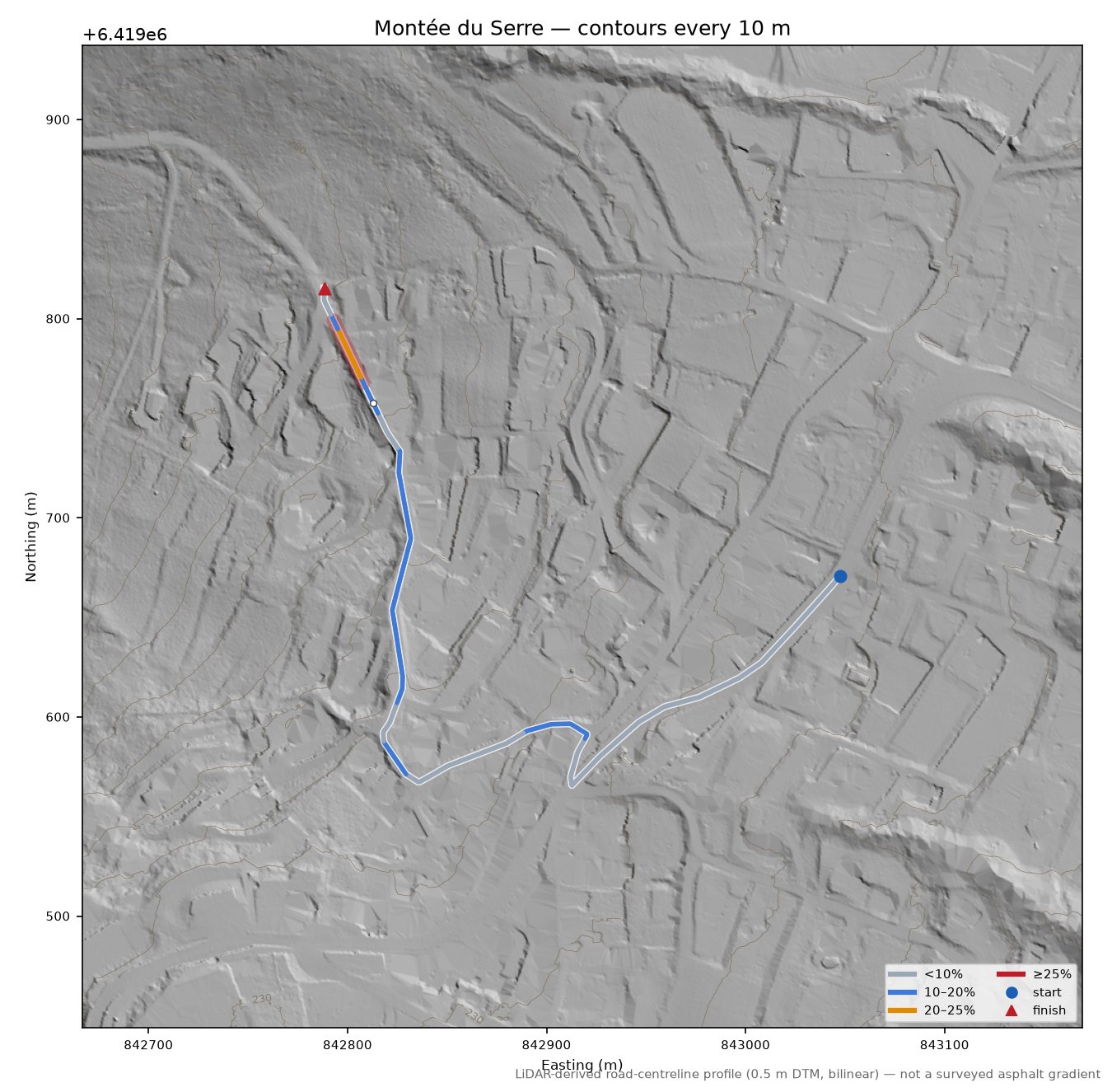 Montée du Serre LiDAR hillshade map with contours