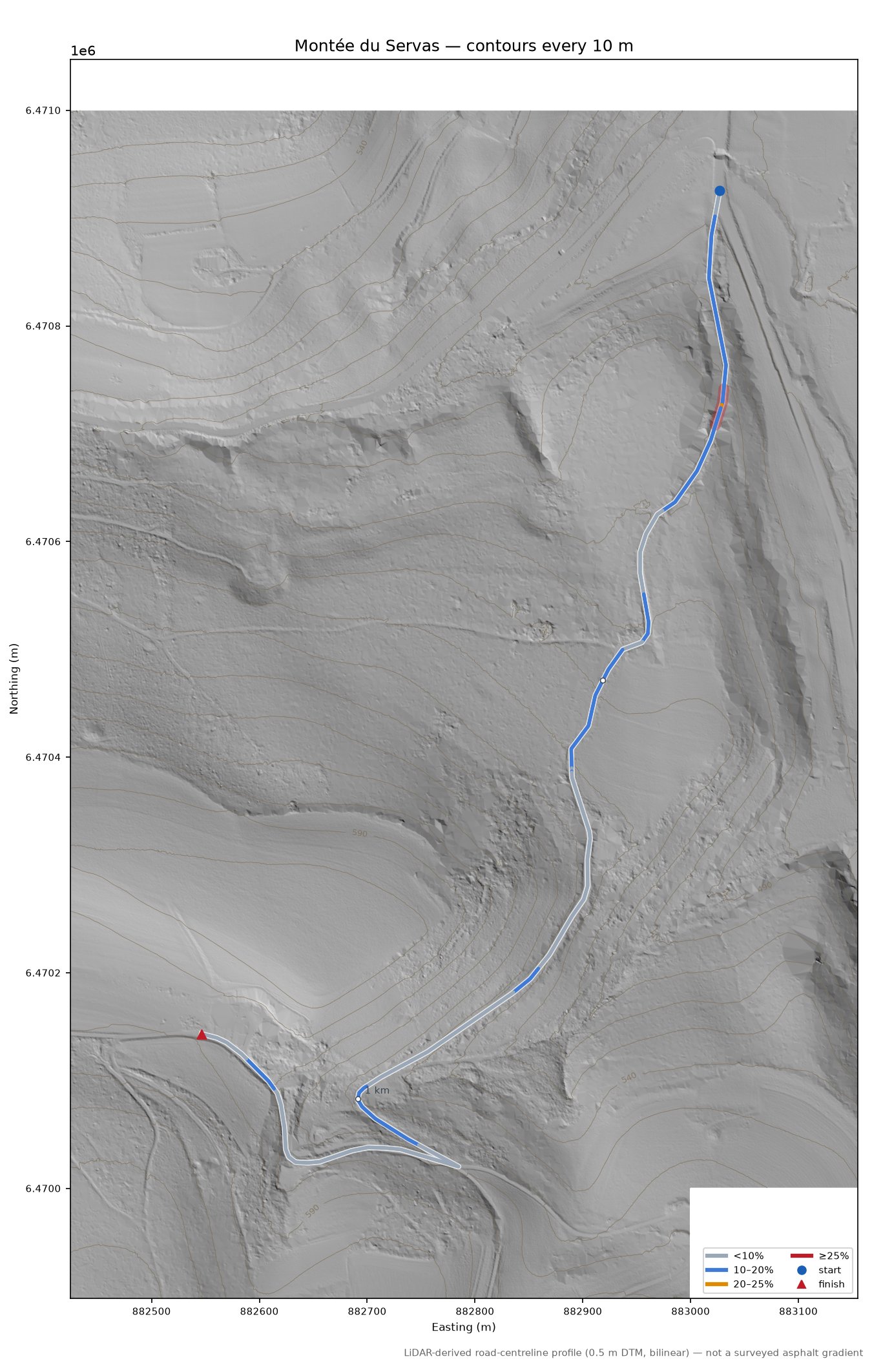 Montée du Servas LiDAR hillshade map with contours