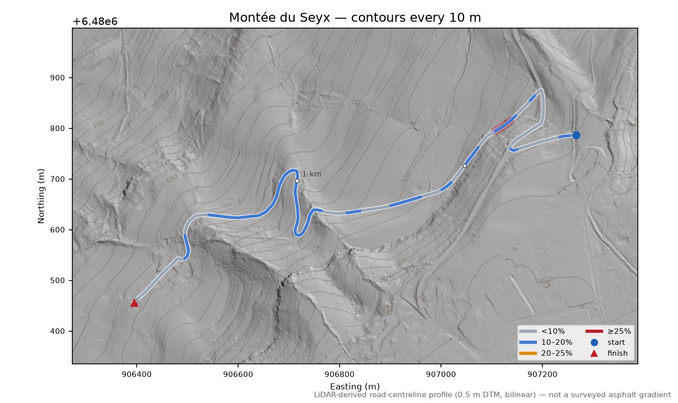 Montée du Seyx LiDAR hillshade map with contours