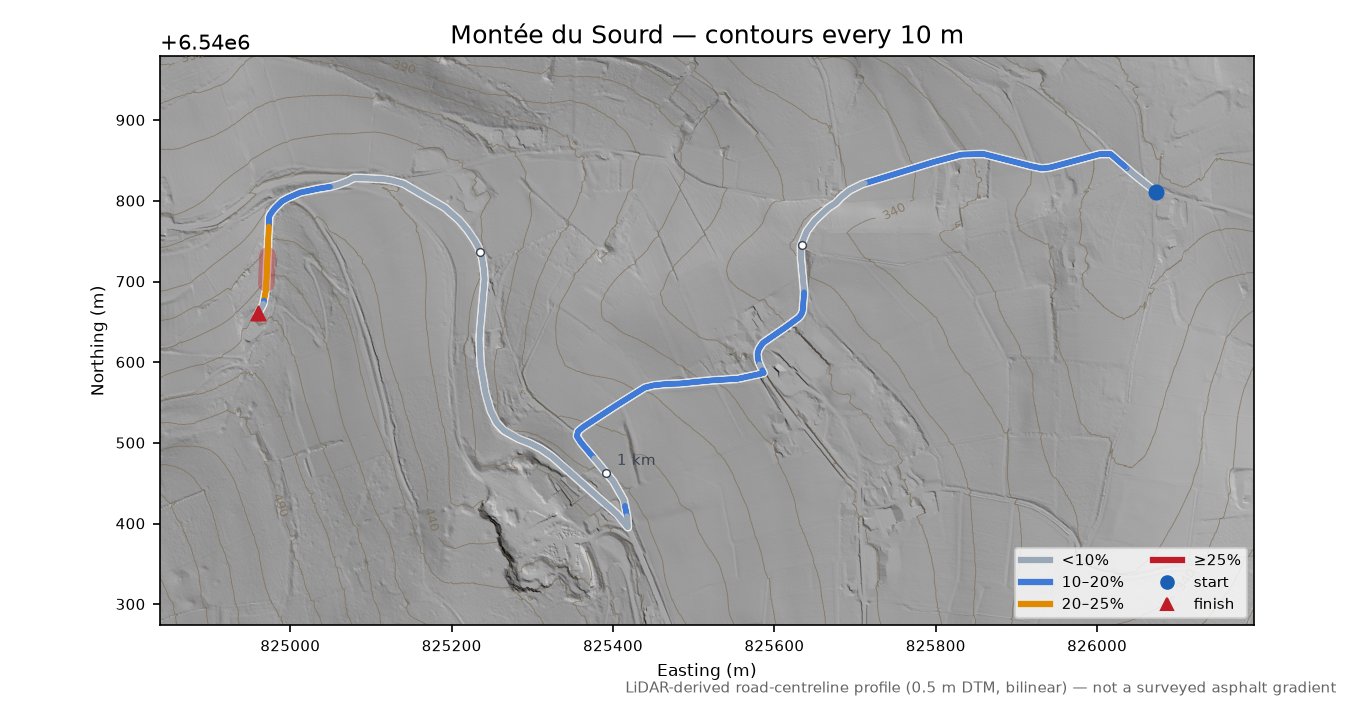 Montée du Sourd LiDAR hillshade map with contours
