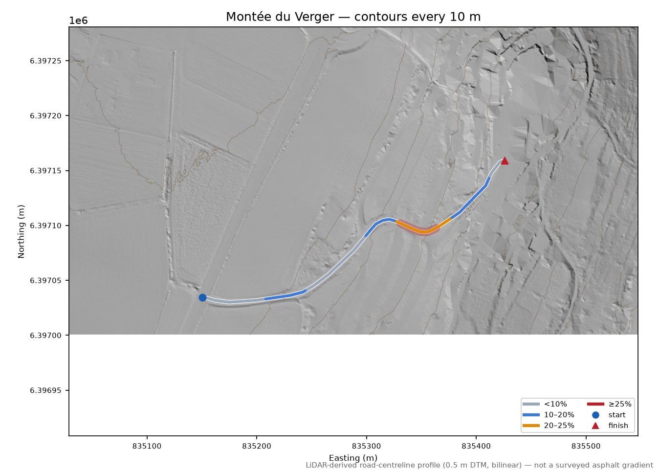 Montée du Verger LiDAR hillshade map with contours