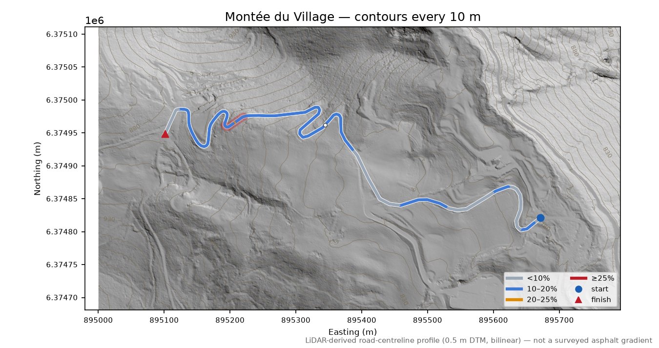 Montée du Village LiDAR hillshade map with contours