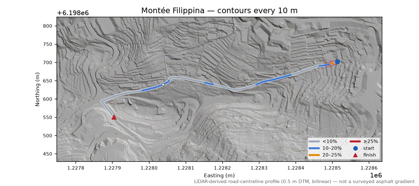 Montée Filippina LiDAR hillshade map with contours