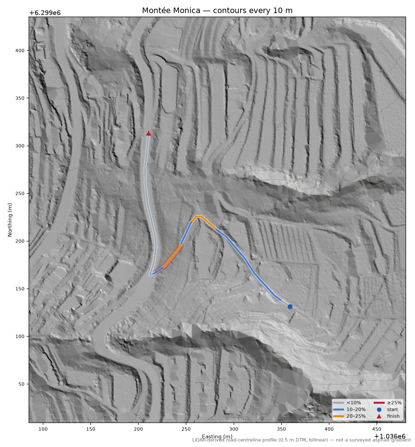 Montée Monica LiDAR hillshade map with contours