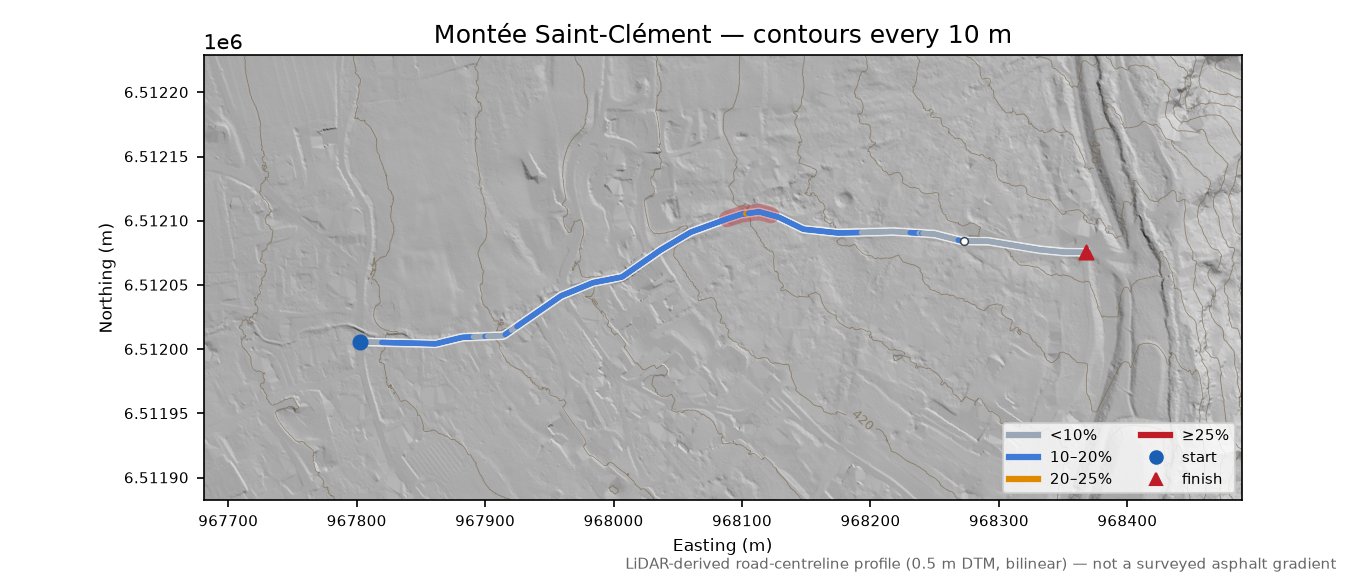 Montée Saint-Clément LiDAR hillshade map with contours