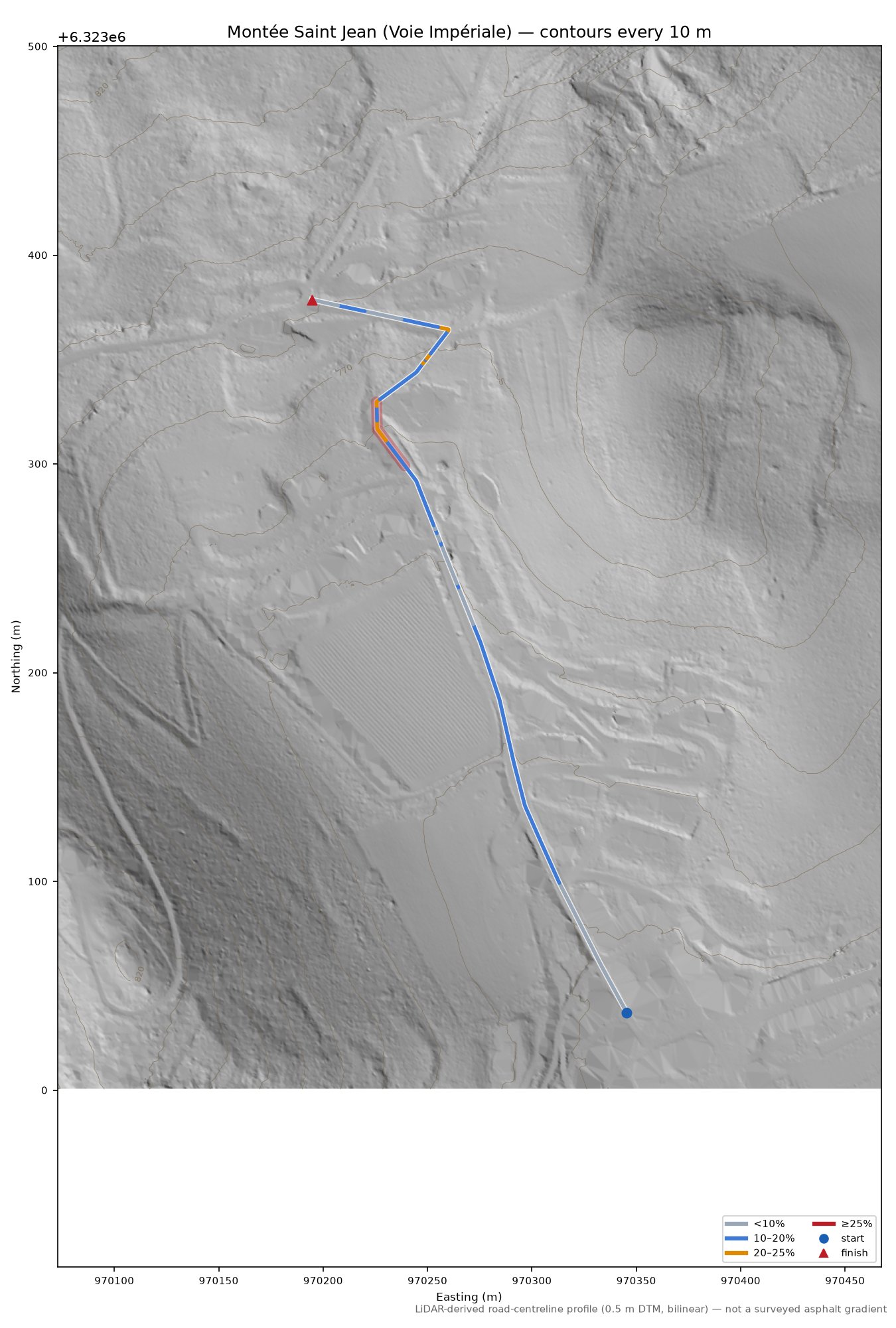 Montée Saint Jean (Voie Impériale) LiDAR hillshade map with contours