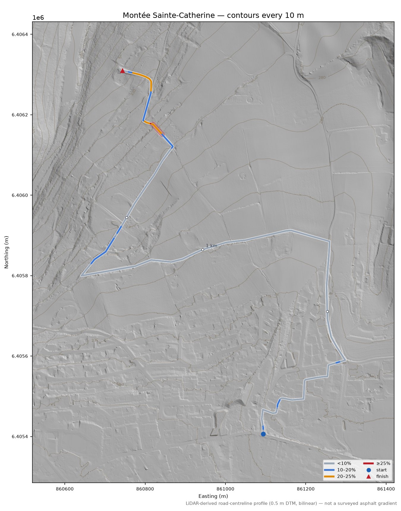 Montée Sainte-Catherine LiDAR hillshade map with contours