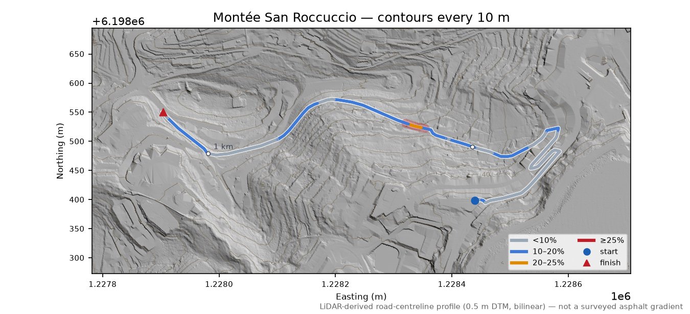 Montée San Roccuccio LiDAR hillshade map with contours
