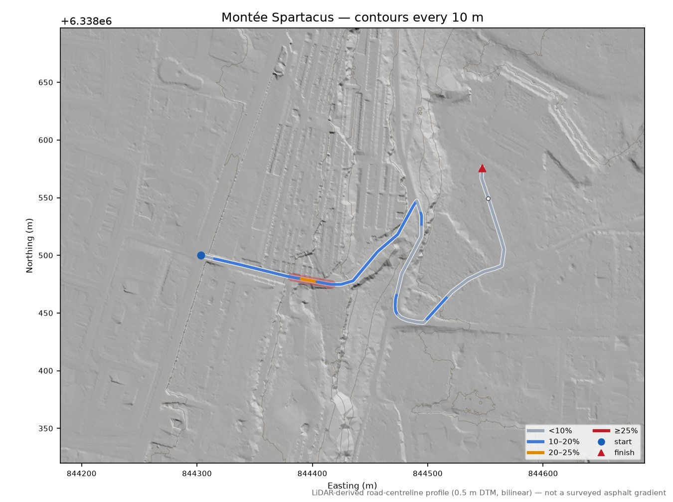 Montée Spartacus LiDAR hillshade map with contours