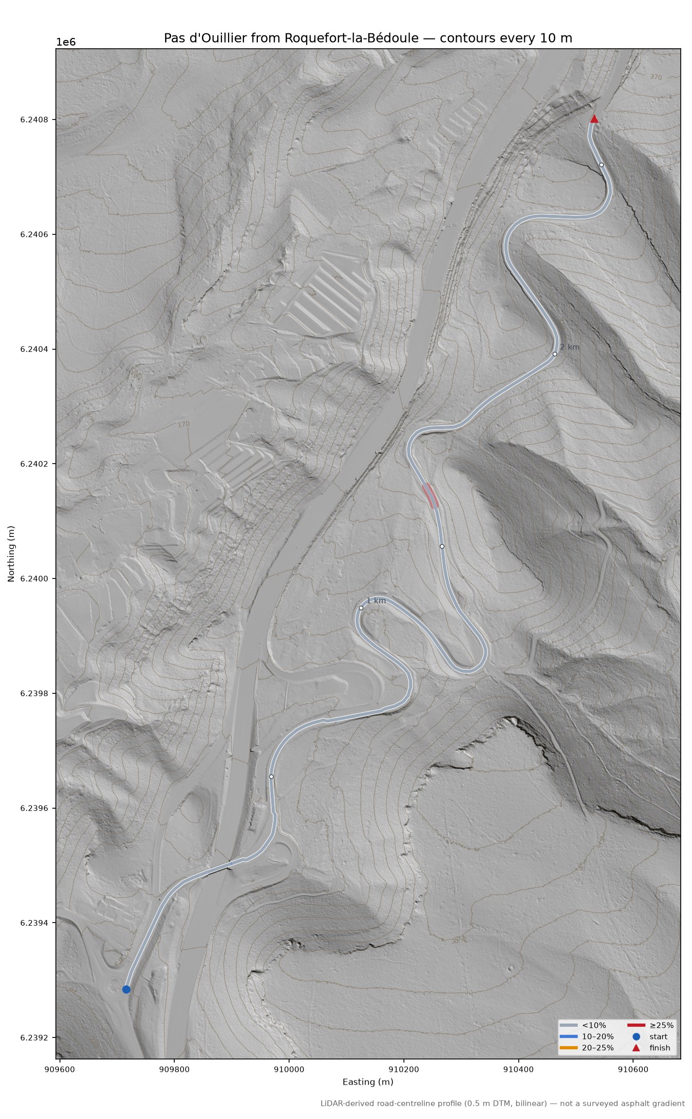 Pas d'Ouillier from Roquefort-la-Bédoule LiDAR hillshade map with contours