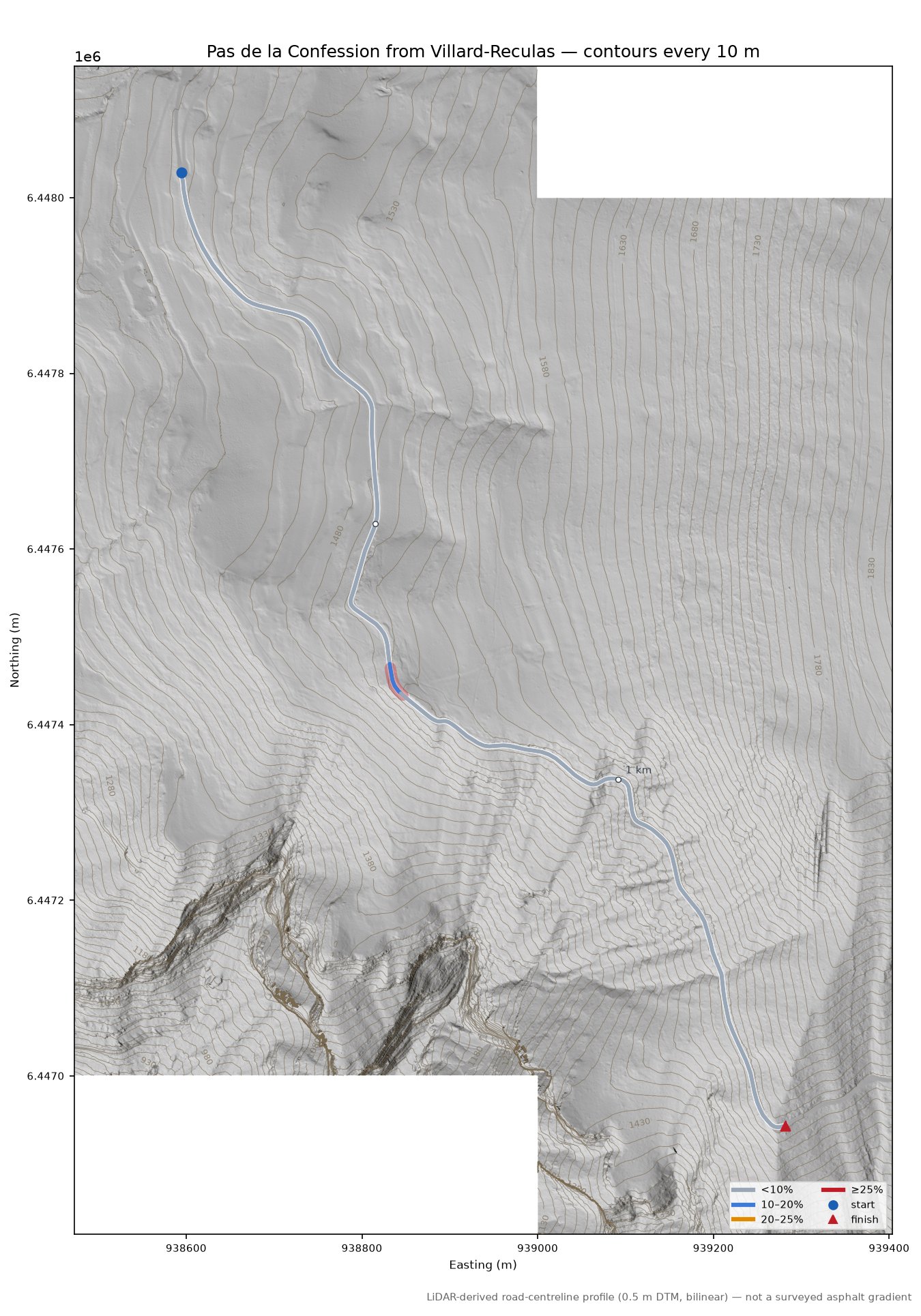 Pas de la Confession from Villard-Reculas LiDAR hillshade map with contours