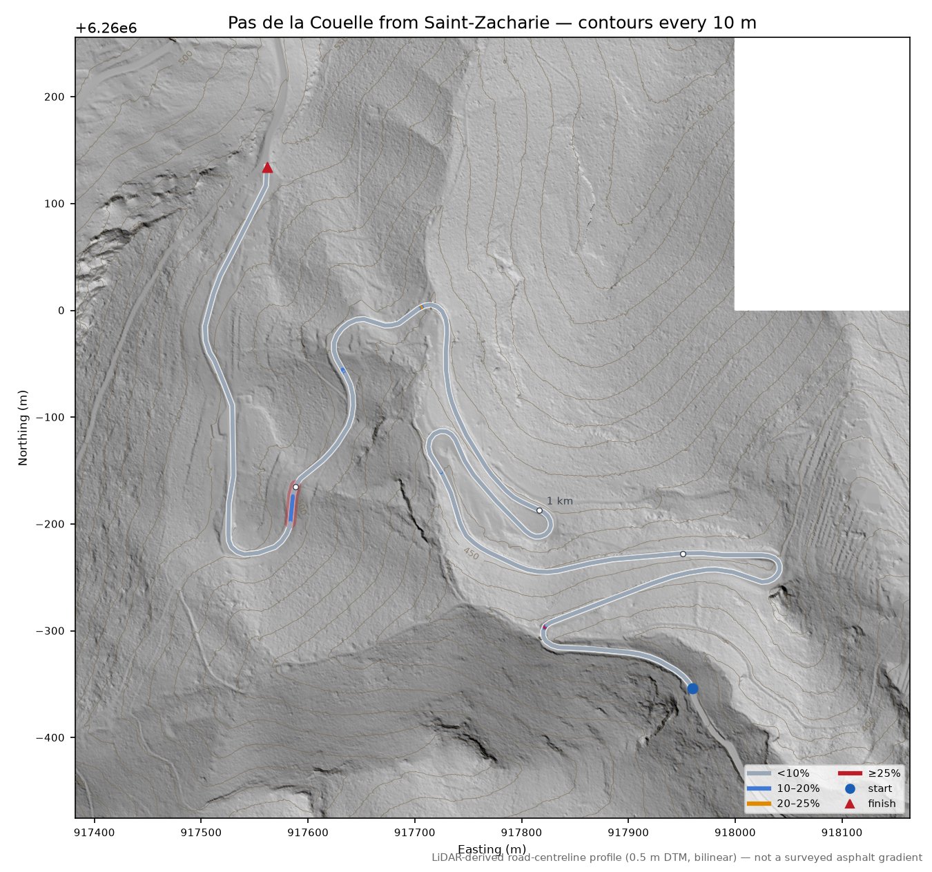 Pas de la Couelle from Saint-Zacharie LiDAR hillshade map with contours