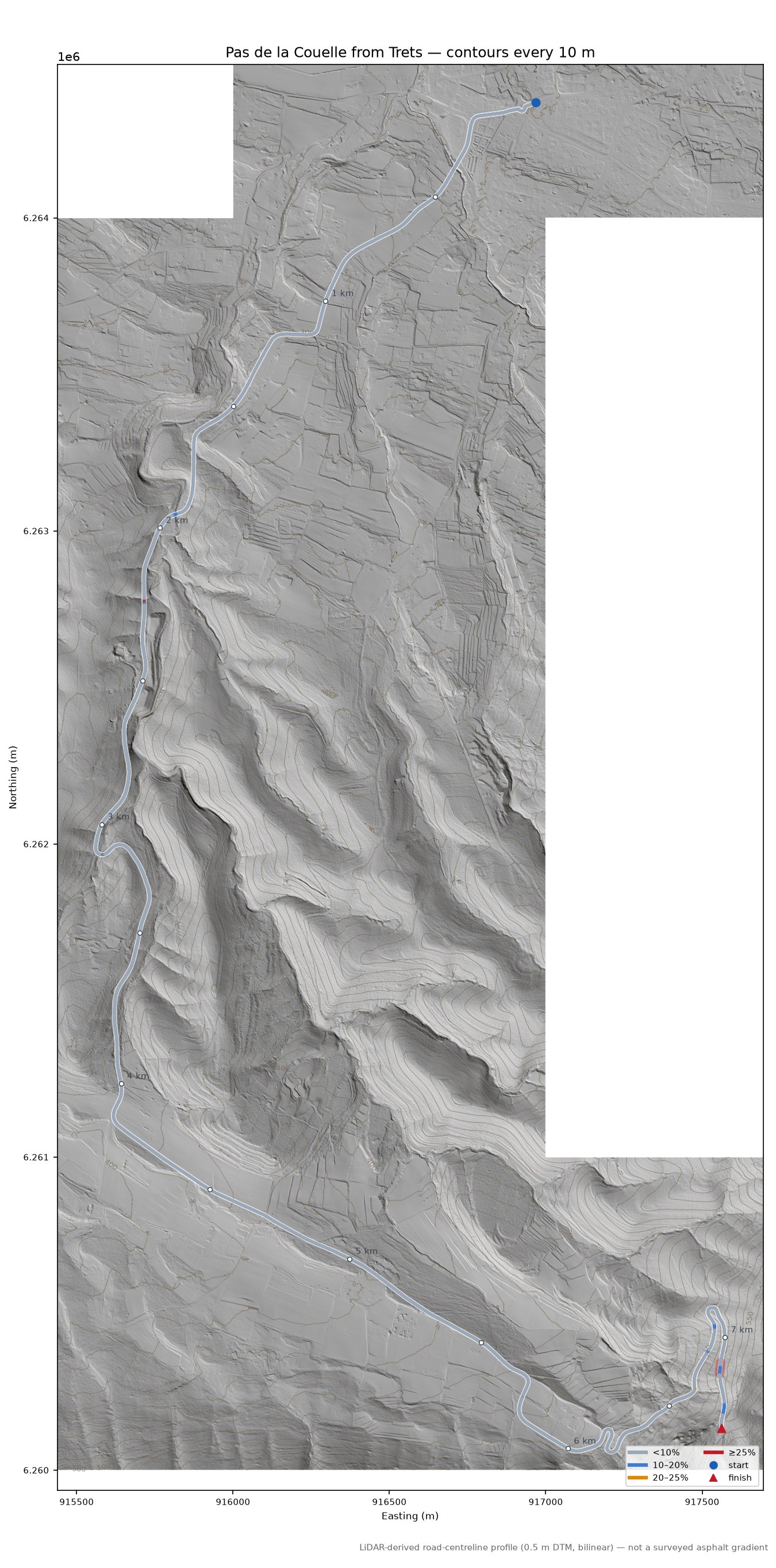 Pas de la Couelle from Trets LiDAR hillshade map with contours