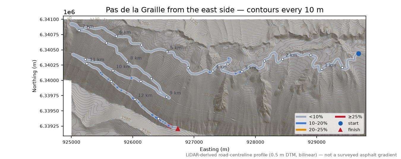 Pas de la Graille from the east side LiDAR hillshade map with contours