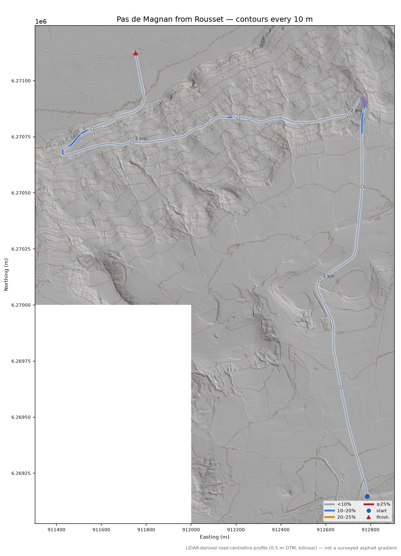Pas de Magnan from Rousset LiDAR hillshade map with contours