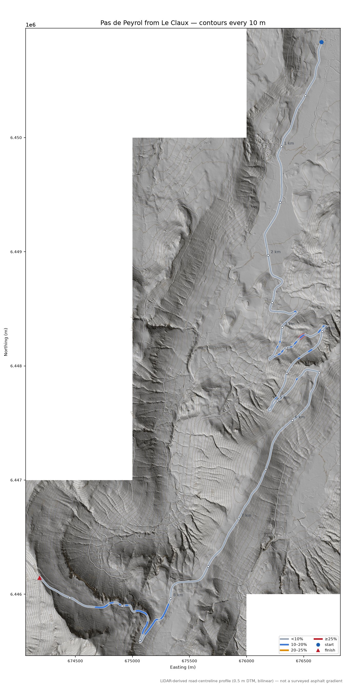 Pas de Peyrol from Le Claux LiDAR hillshade map with contours
