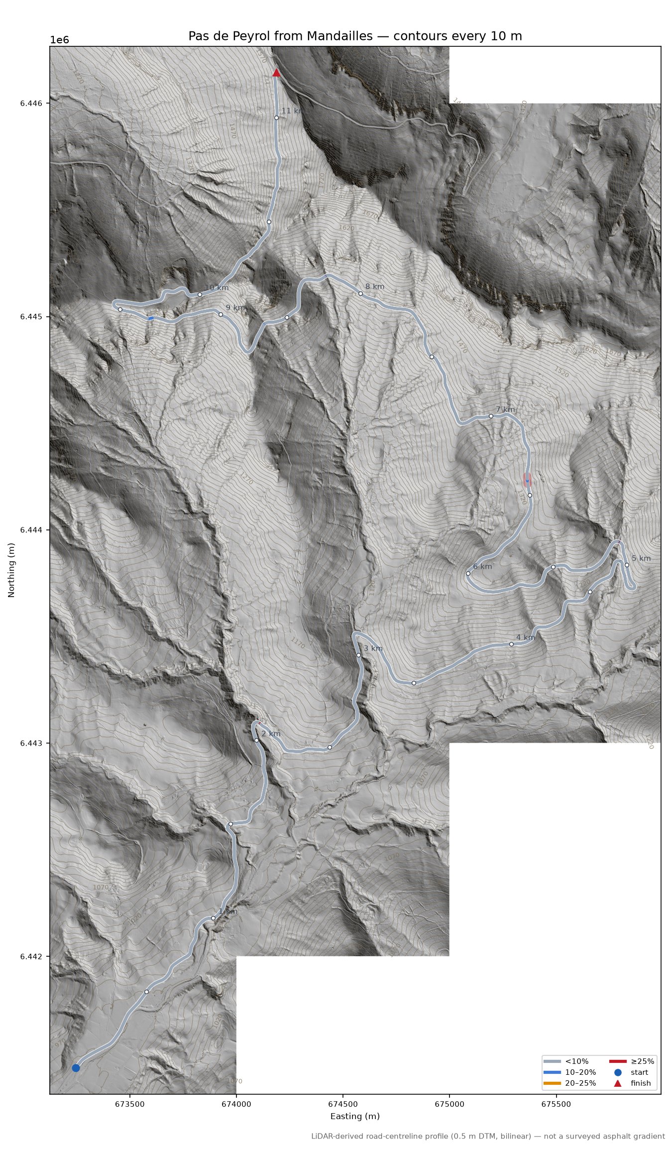 Pas de Peyrol from Mandailles LiDAR hillshade map with contours