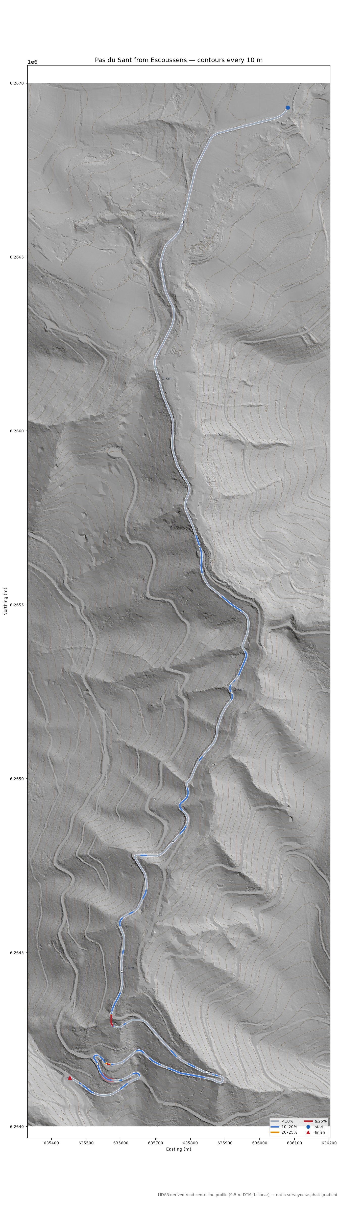Pas du Sant from Escoussens LiDAR hillshade map with contours
