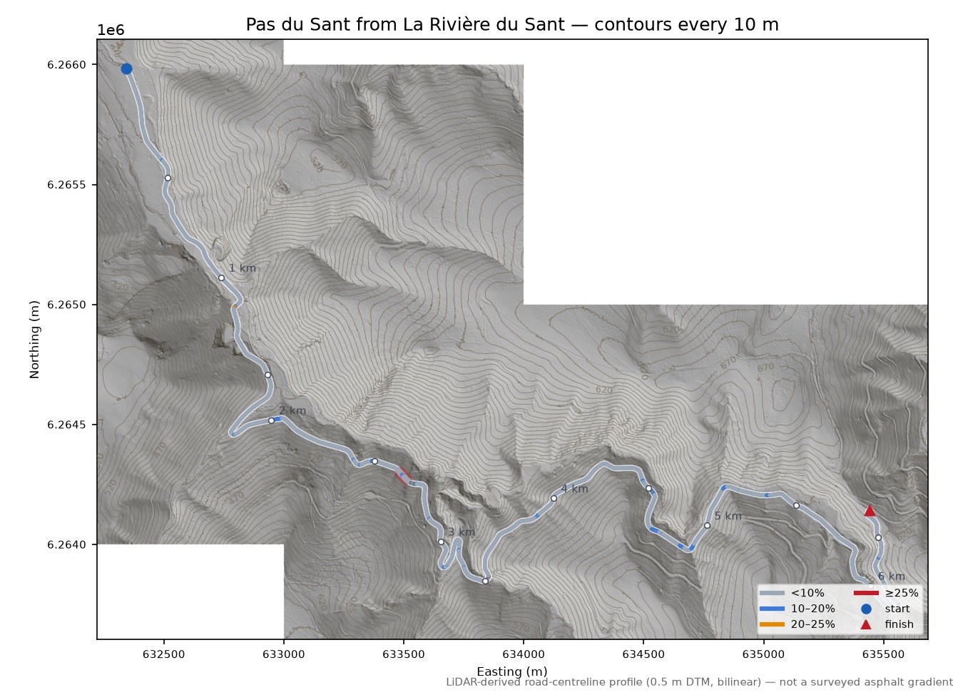 Pas du Sant from La Rivière du Sant LiDAR hillshade map with contours