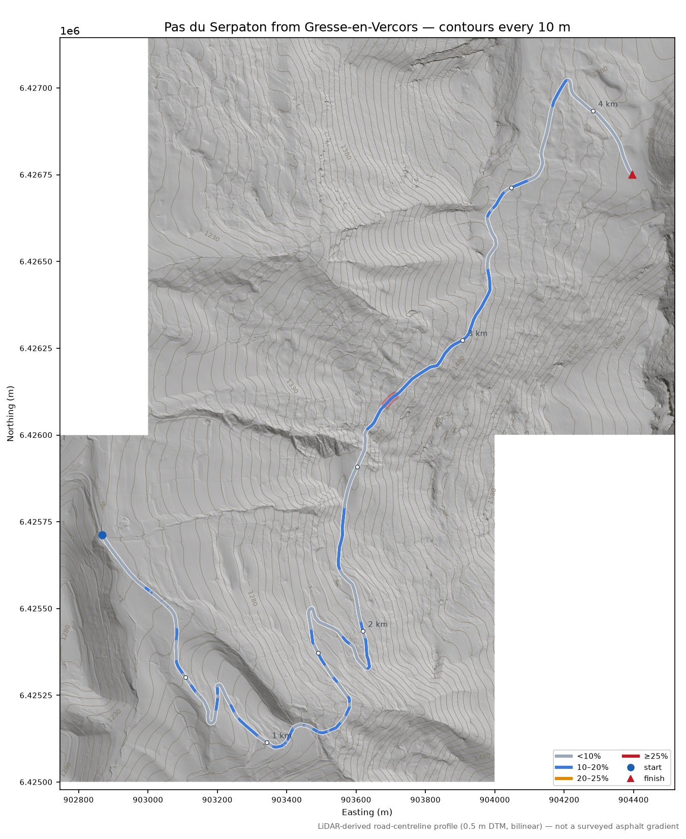 Pas du Serpaton from Gresse-en-Vercors LiDAR hillshade map with contours