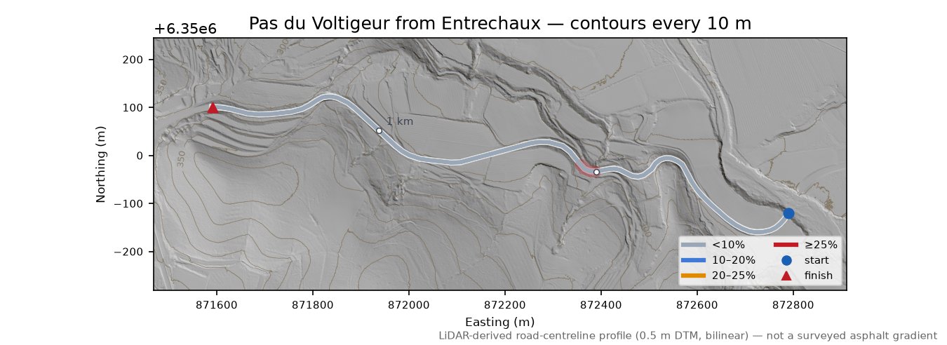 Pas du Voltigeur from Entrechaux LiDAR hillshade map with contours