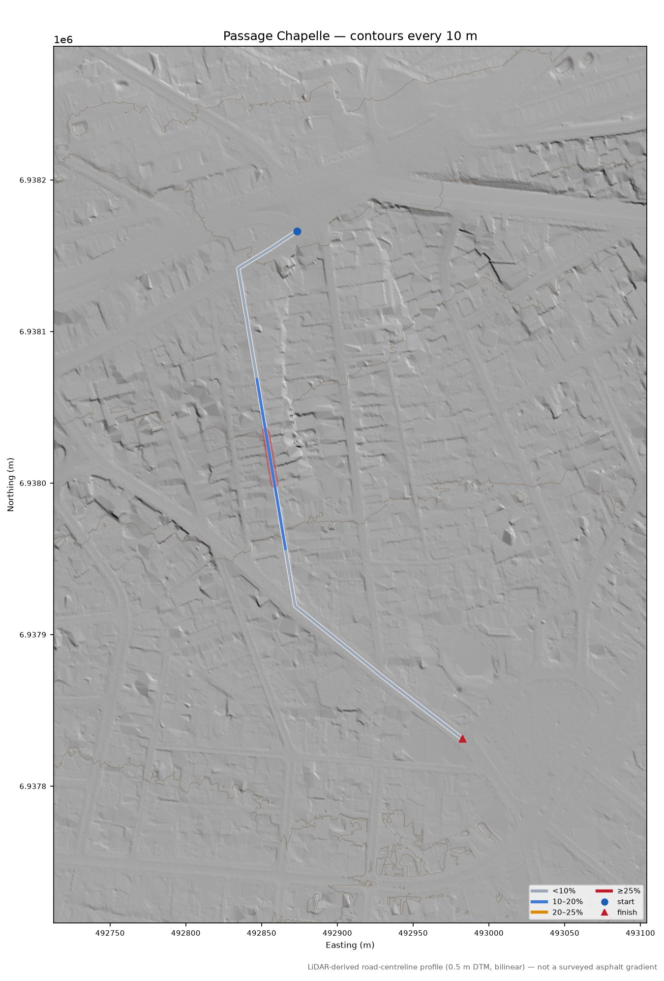 Passage Chapelle LiDAR hillshade map with contours