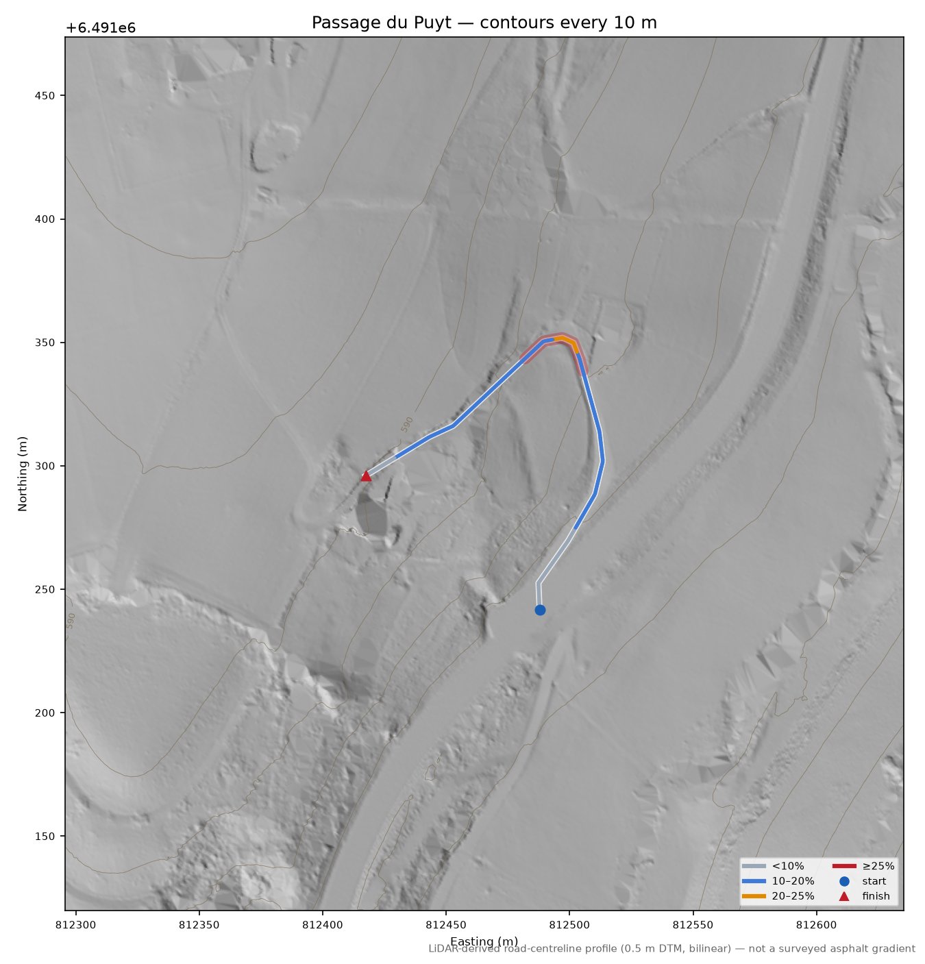 Passage du Puyt LiDAR hillshade map with contours