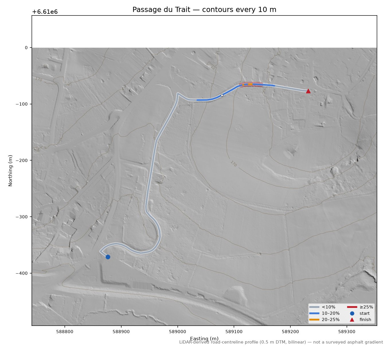 Passage du Trait LiDAR hillshade map with contours