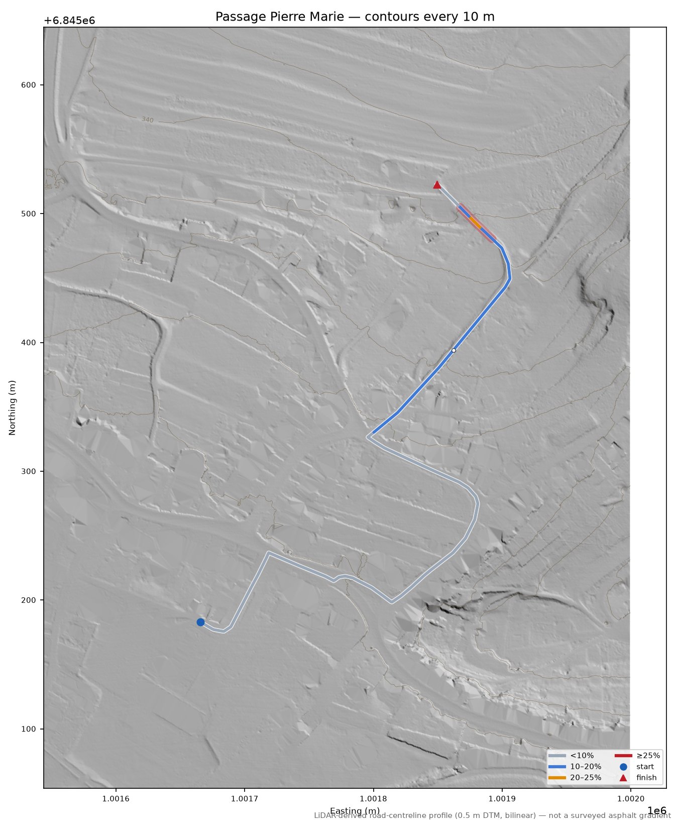 Passage Pierre Marie LiDAR hillshade map with contours