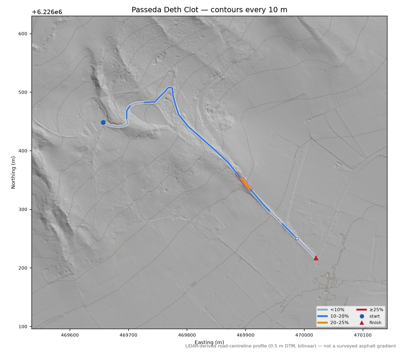 Passeda Deth Clot LiDAR hillshade map with contours