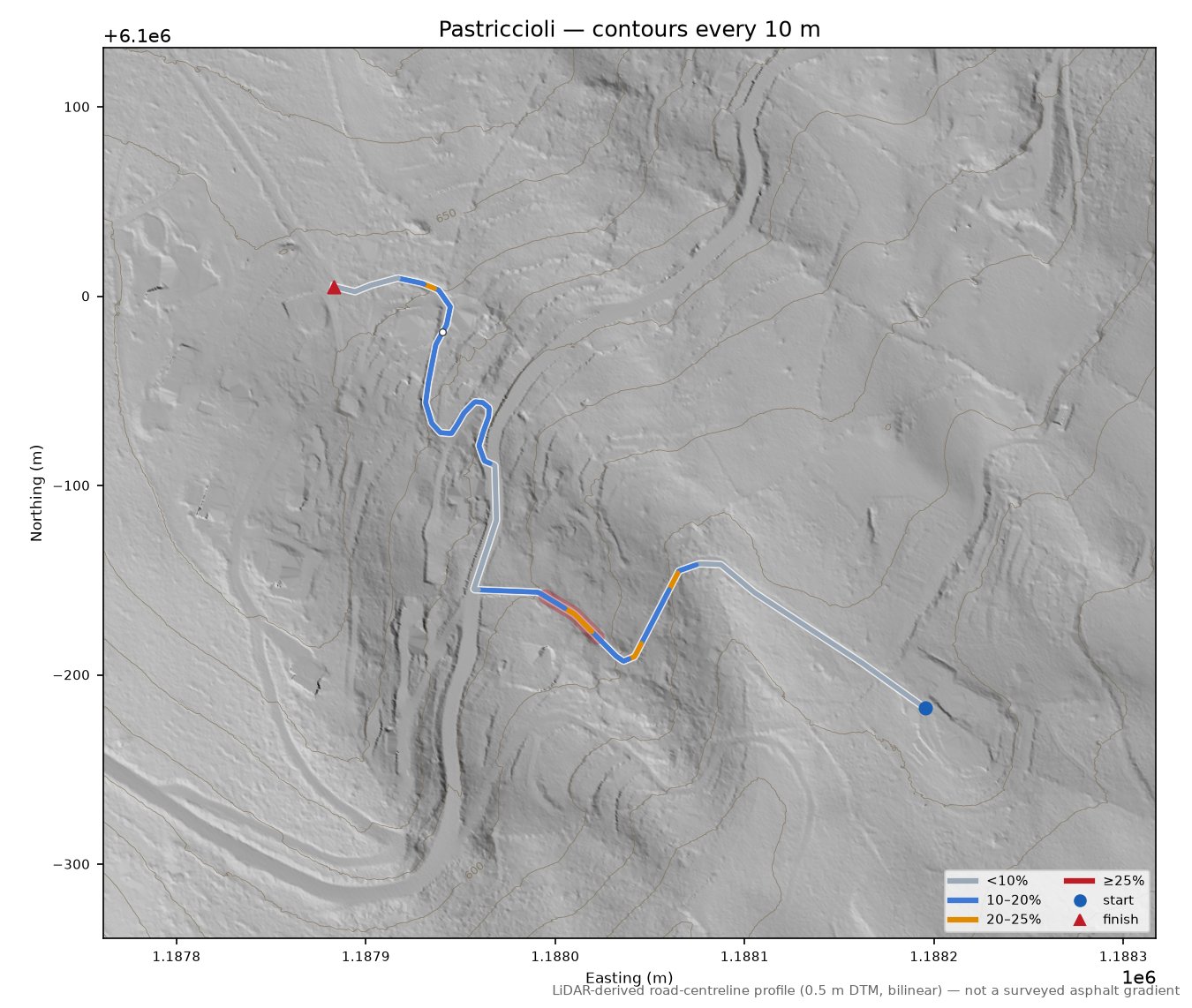 Pastriccioli LiDAR hillshade map with contours