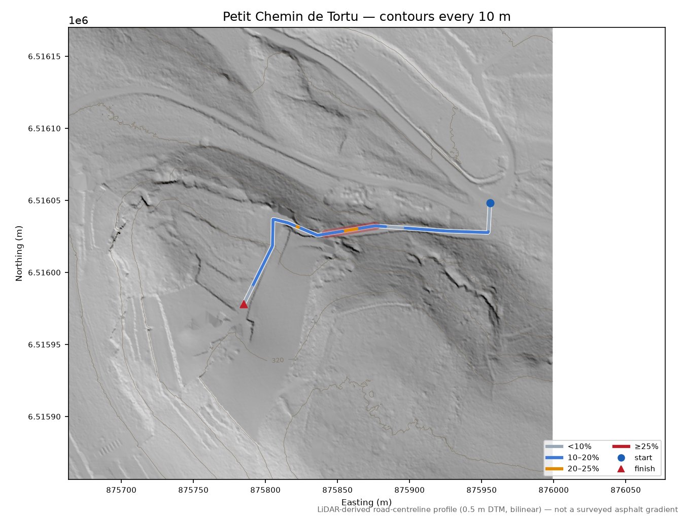 Petit Chemin de Tortu LiDAR hillshade map with contours